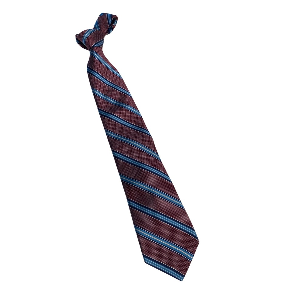 Cremieux Mens Silk Tie Burgundy Navy Blue Striped Geometric Handmade USA 57x3.25